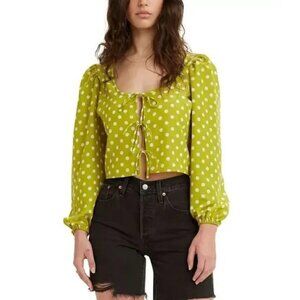 Levi's Embry‎ Tie-Front Puff Sleeve Top Green Daisy Print Medium